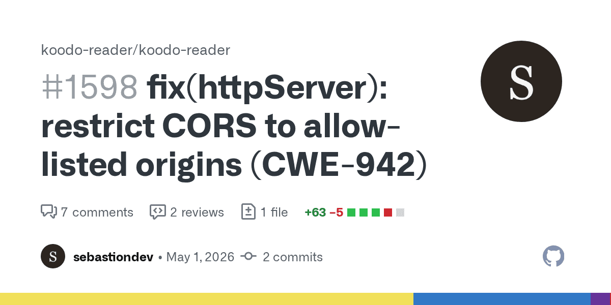 Koodo Reader PR #1598 replaced wildcard CORS with an ALLOWED_ORIGINS allowlist
