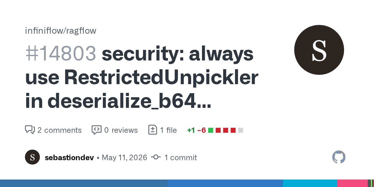 RAGFlow PR #14803 removed a CWE-502 pickle RCE footgun from deserialize_b64