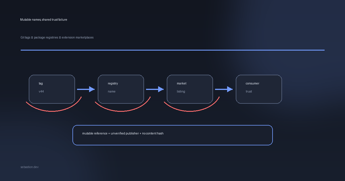 Git tags, package registries and extension marketplaces share the same broken authentication model