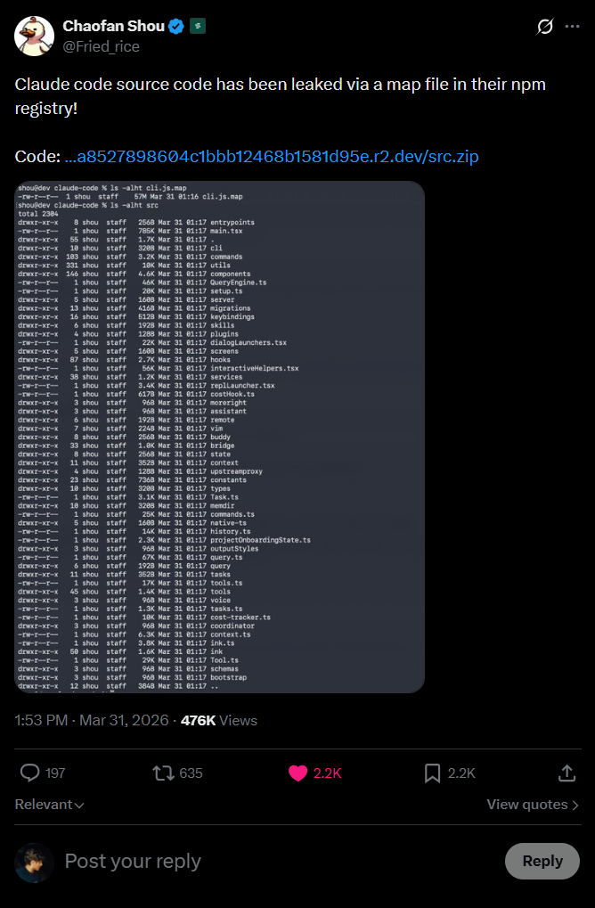 Screenshot of Chaofan Shou's original tweet disclosing the Claude Code source map leak on X