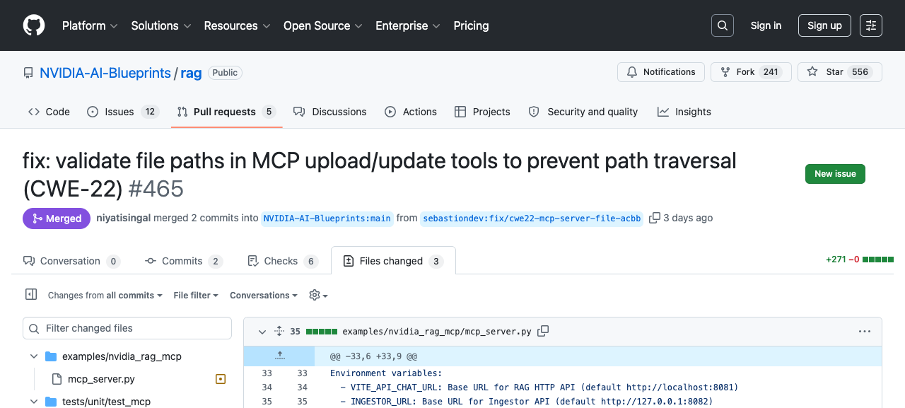 Code diff from PR #465 showing the path validation changes in the MCP server