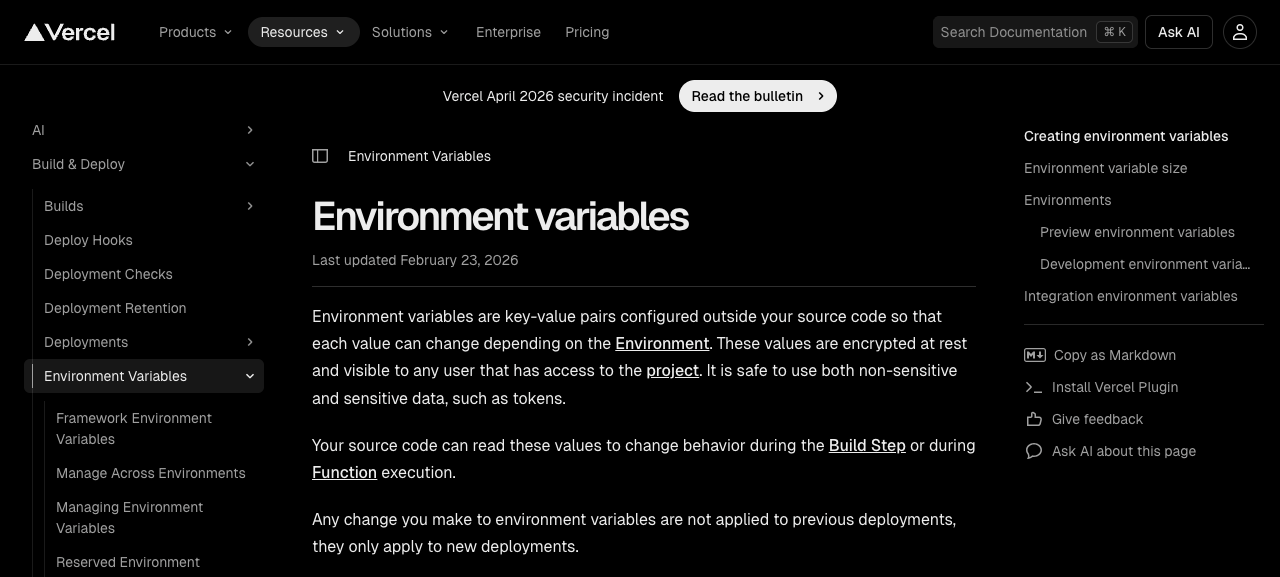 Vercel's environment variables documentation showing the sensitive toggle