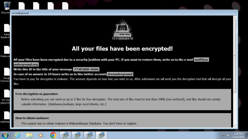 Vx-Underground HTA ransom note displayed via mshta.exe